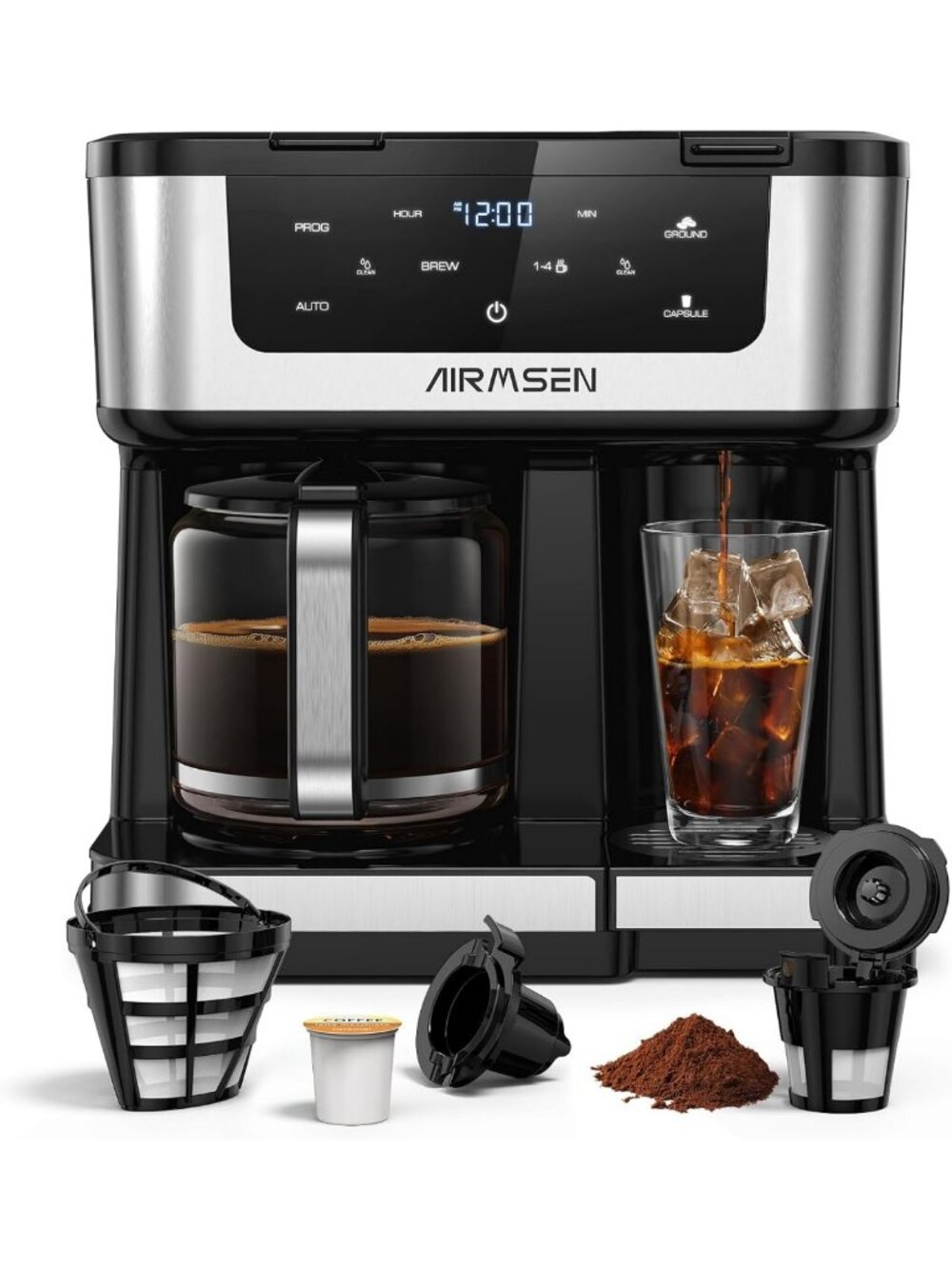 12-Cup Programmable Coffee Maker - Single Serve for K-Pods & Ground, Fast Brew